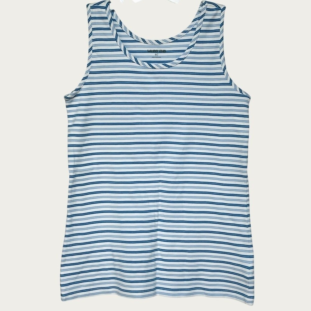 Lands End Cotton Striped Tank Top Womens Medium Tall Light Sea Clear Blue Stripe